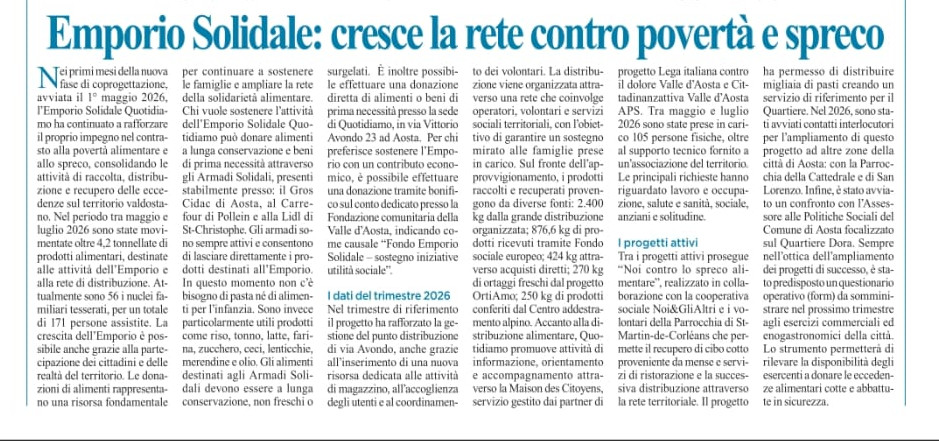 Articolo de Il corriere della Valle su Emporio solidale